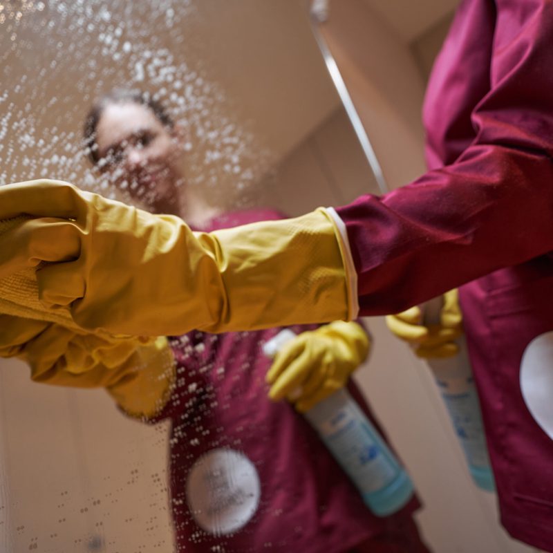 Dark-haired professional female cleaner removing drops of cleaning solution from mirrored surface